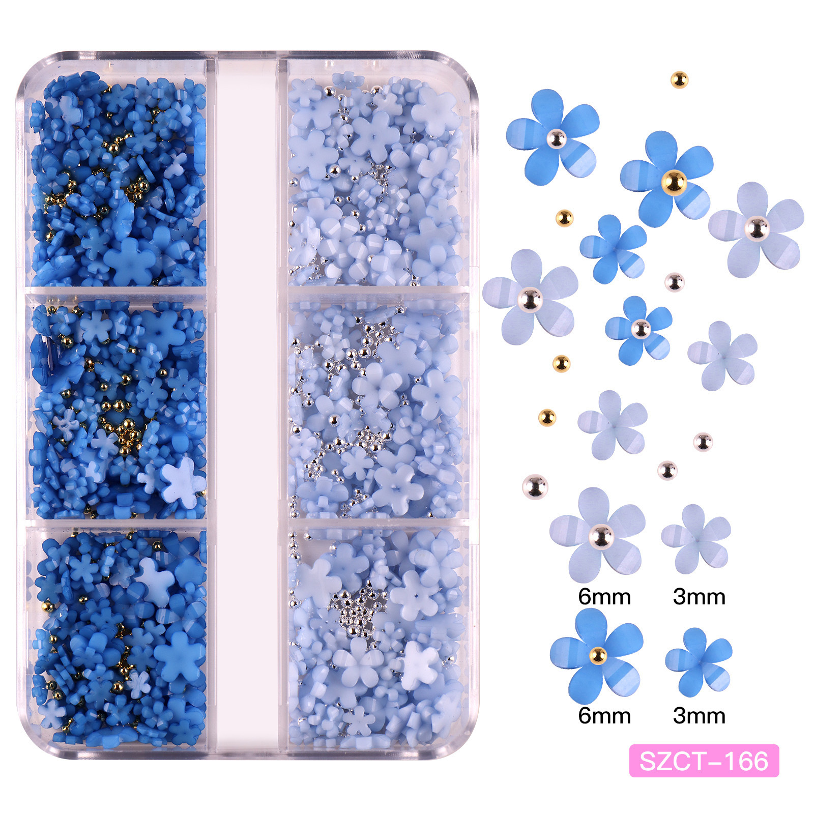 Joyas de uñas transfronterizas Juego de 6 cuadrículas de resina de uñas de color flor de cinco pétalos pequeña bola de acero decoración de uñas de vestir