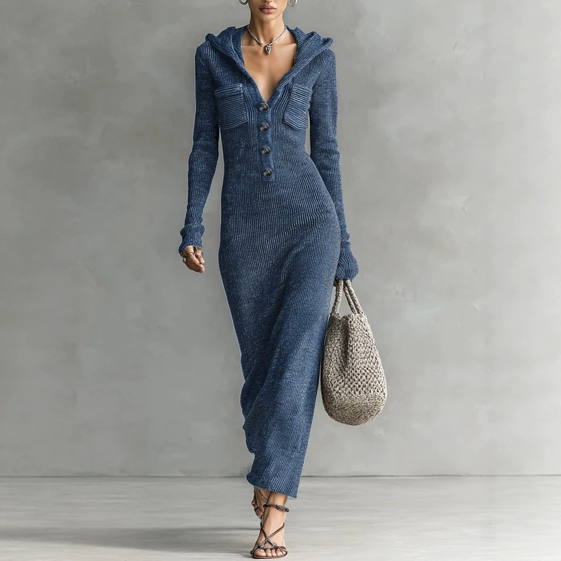 Cross-border bestseller hooded button-front V-neck knitted long dress, European and American sexy slim-fit stretchy elegant dress