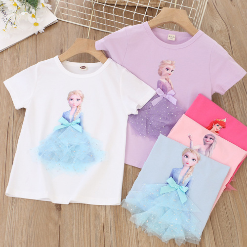 2024 children's clothing Korean version new summer girls short-sleeved T-shirts for small and medium-sized children three-dimensional princess foreign trade factory