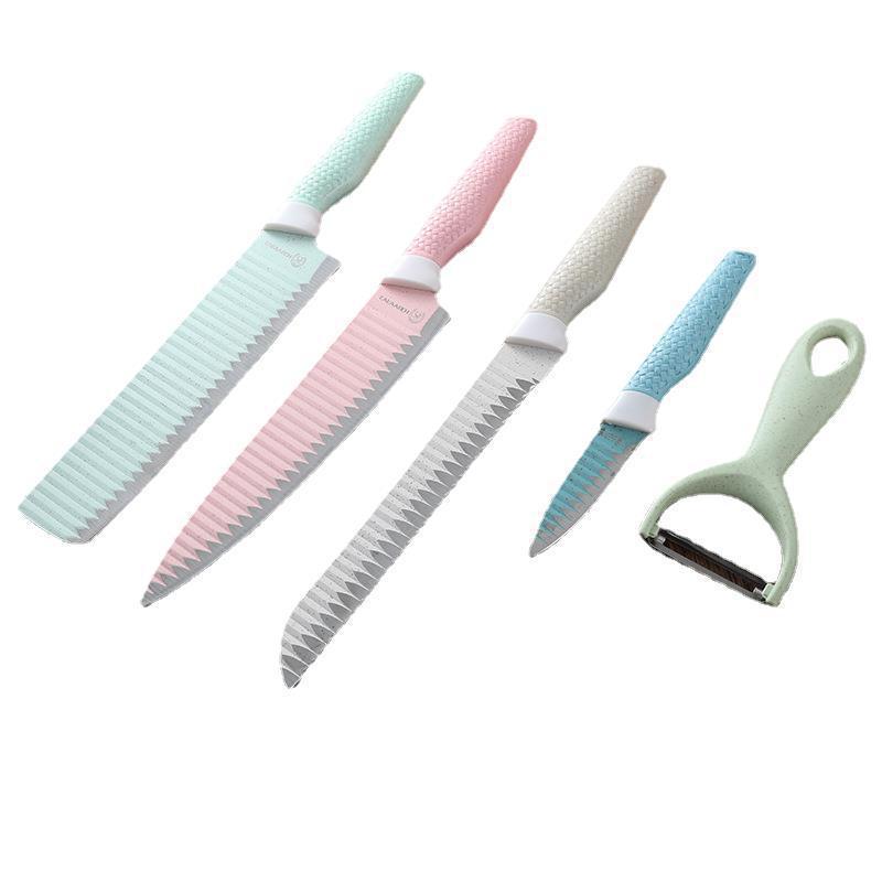 Cuchillo de acero inoxidable de paja de trigo juego de seis piezas de cuchillo antiadherente en aerosol recubierto con cuchillo y tijeras para el hogar juego de cuchillos de regalo