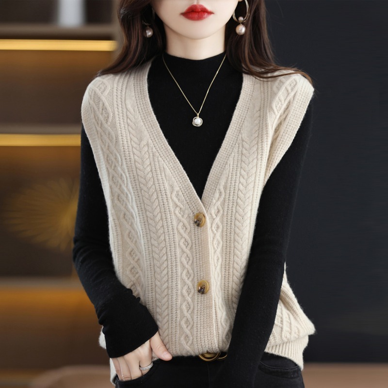 Primavera y otoño 2024 nuevo giro de punto Chaleco de las mujeres de la Rebeca con cuello en V Chaleco de estilo occidental chaleco