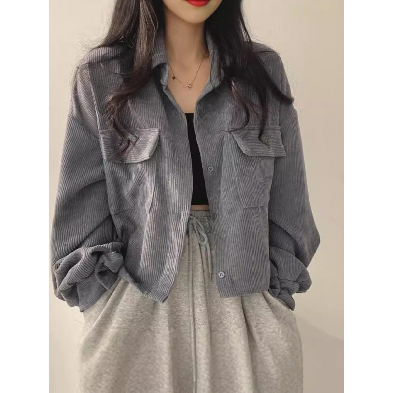 Korean Style Spring and Autumn New Retro Simple Lapel Short Drawstring Long-Sleeved Shirt Top Corduroy Loose Jacket for Women