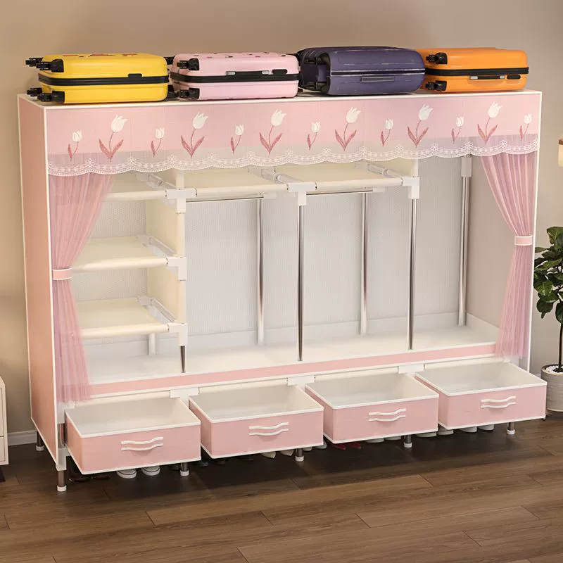 Простой сборный тканевый шкаф с ящиками, марлевыми шторами, для спальни, прочный и долговечный шкаф для арендной комнаты.