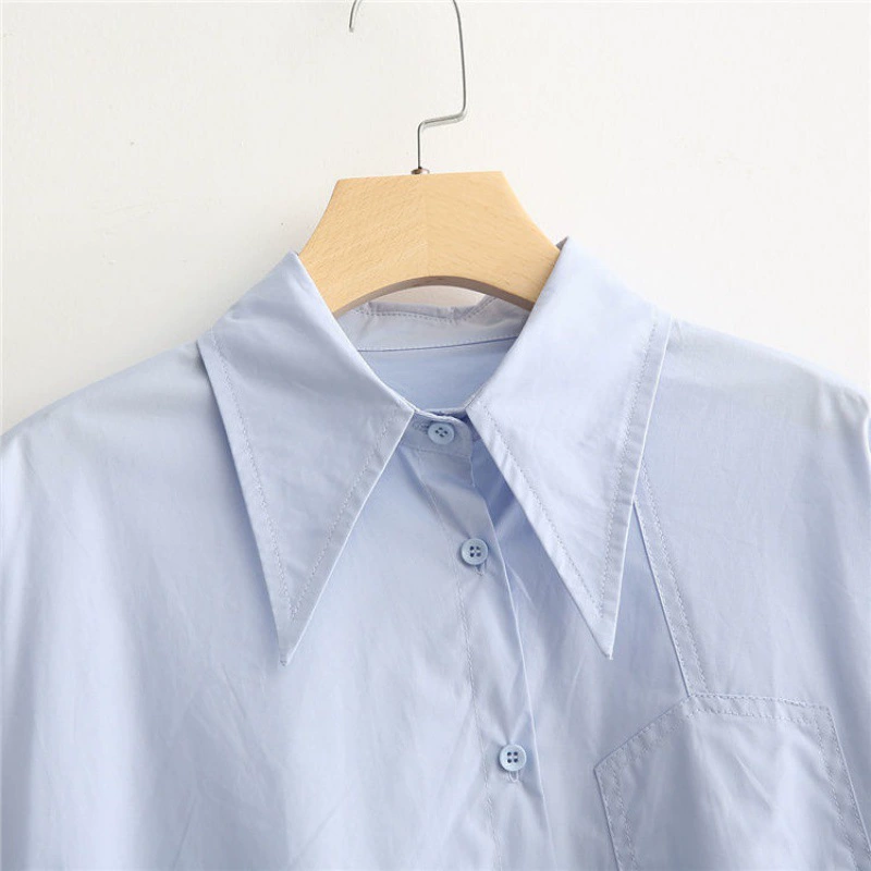 Women's Retro Autumn Loose-Fit Shirt, Asymmetric Hem, Long Sleeve, Blue or White (S–XL)