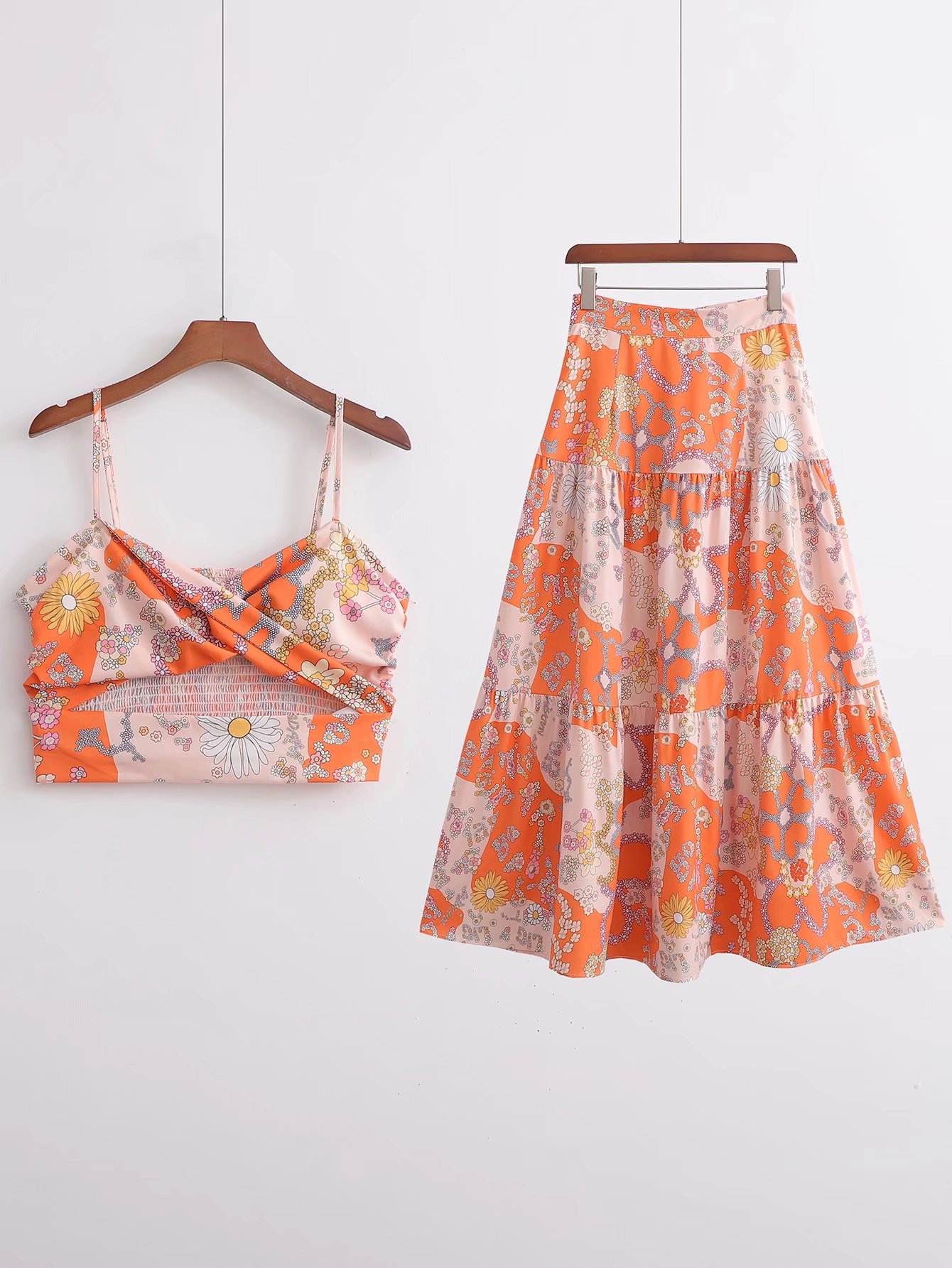 floral wrap chest hollow sling vest + high waist large swing skirt suit NSAM129016