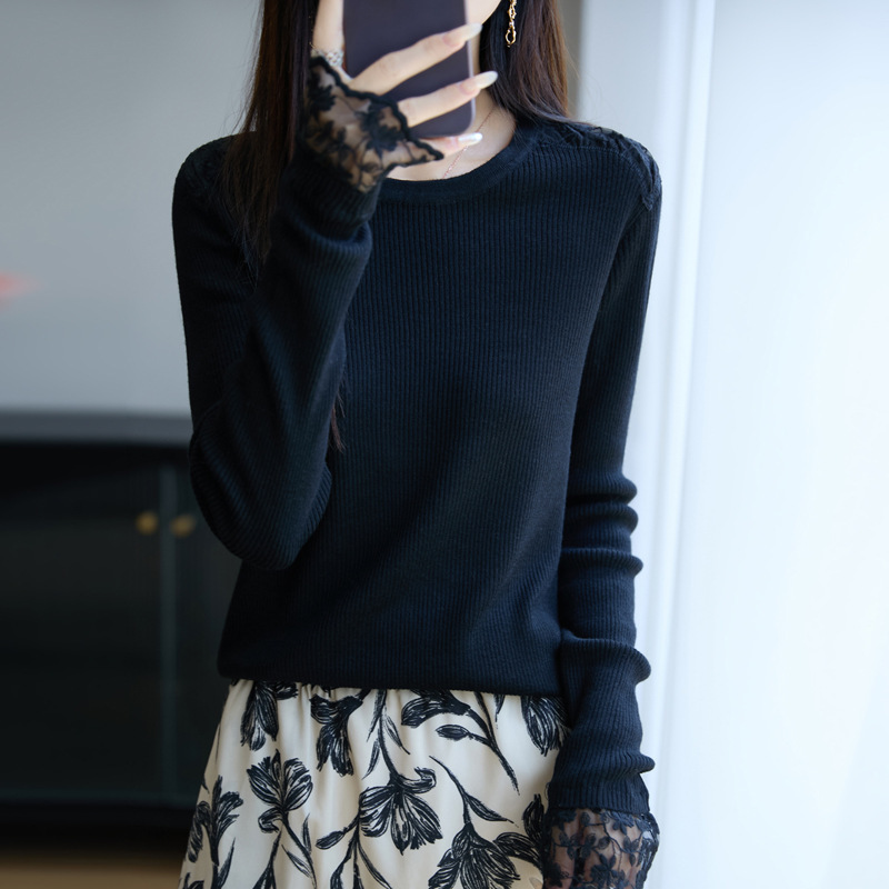 法式蕾丝钩花miu系针织衫女圆领修身毛衣25新款内搭女装打底上衣|undefined