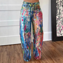 OL6187    新品速卖通亚马逊欧美跨境女装时尚休闲直筒裤涂绘长裤