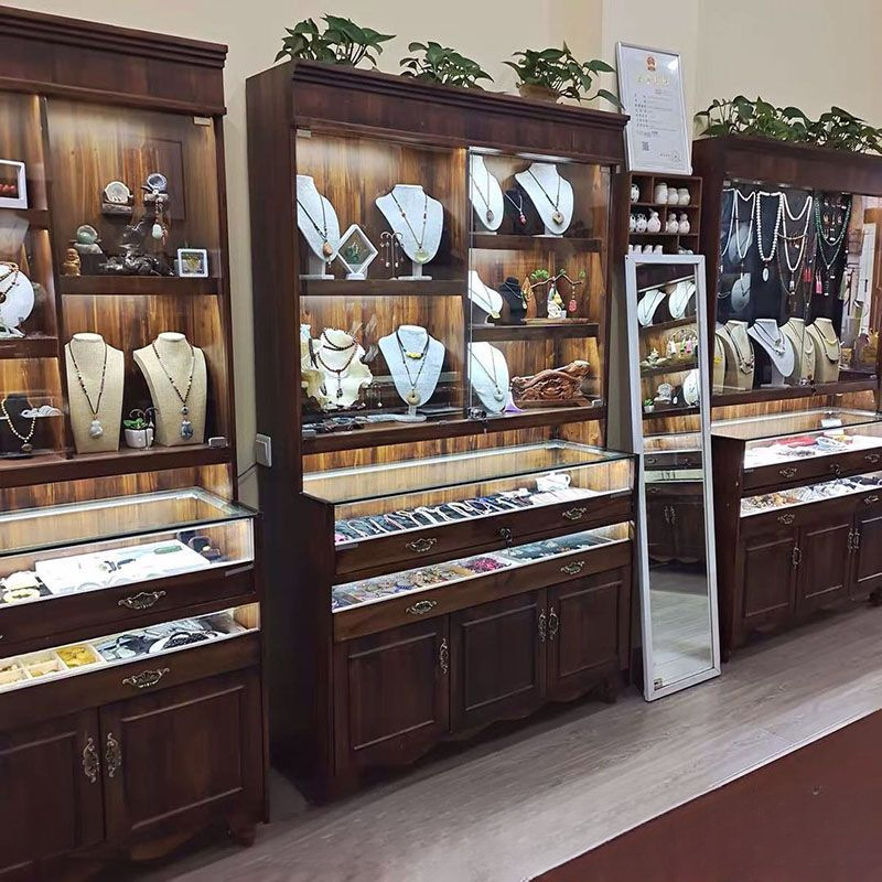 复古实木珠宝展示柜古玩玉器透明陈列柜首饰蜜蜡饰品玻璃中岛展柜