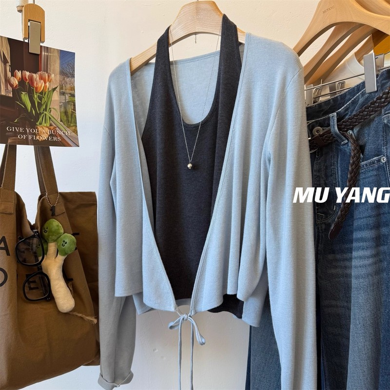 MUYANG 温柔蓝色拼灰背心 绑带假两件针织衫开衫 女假套式毛衣女|undefined