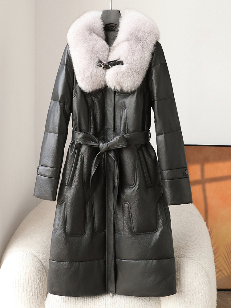 2025 otoño y invierno nuevo cuello de pelo de zorro chaqueta de plumón de cuero de mujer larga piel de oveja gruesa ropa de terciopelo de mediana edad mujer