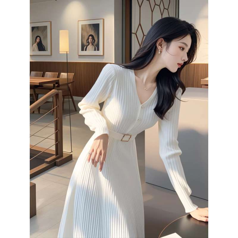Autumn/Winter 2025 New Style Formal Occasion Workwear Elegant Goddess Style White V-Neck Knitted Base Dress