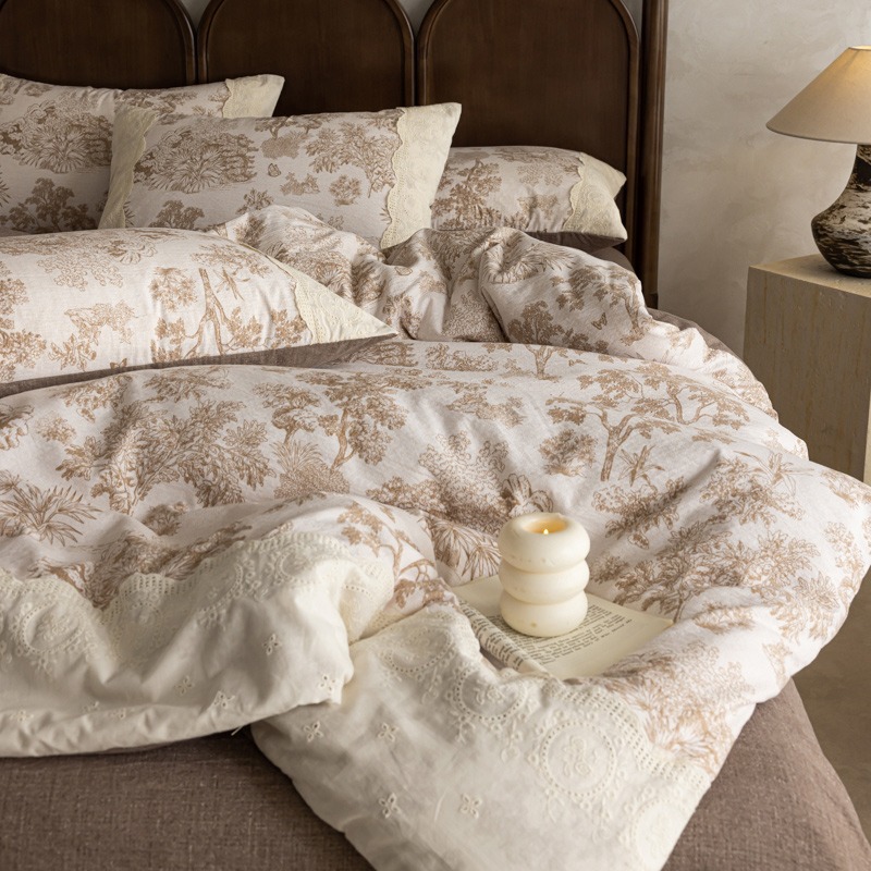 Set da letto francese nordico vintage boho morbido romantico! Set francese di classe A in cotone e lino tinto in filo, composto da quattro pezzi, con copripiumino in pizzo di cotone e biancheria da letto in puro cotone._voghion.com