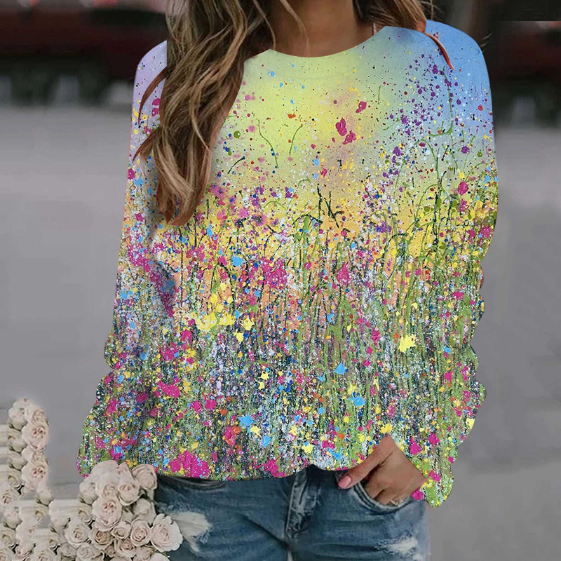 3D digital printed women's round neck hoodie with floral patterns for spring autumn clothing, long sleeved and loose_voghion.com