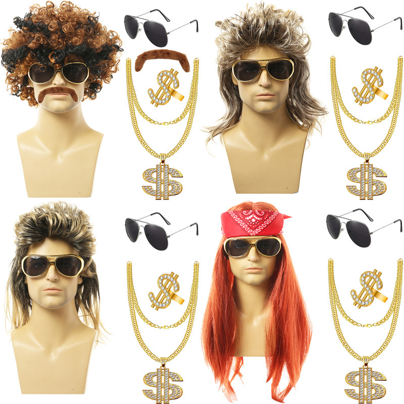 Cross-border European and American men's wig Halloween black fan wig 80s punk heavy metal hip hop wig