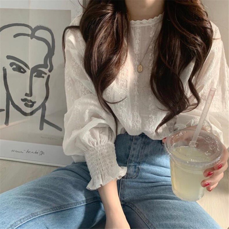 Summer Loose-Fitting Solid Color Pullover White Temperament Commuting Korean Style Cotton Round Neck Lace Shirt