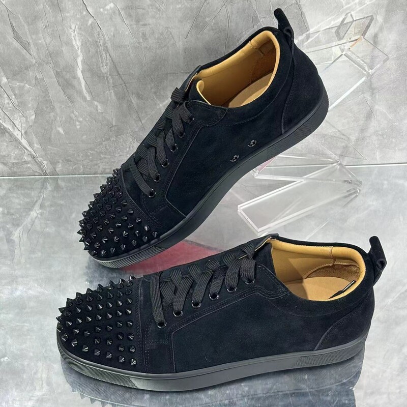 Rivet Men's Shoes, Black Low-Top Suede Shoes with Red Soles, Matte Shoes, Men's Sneakers, Couple Sneakers, Casual Shoes, Trendy Shoes