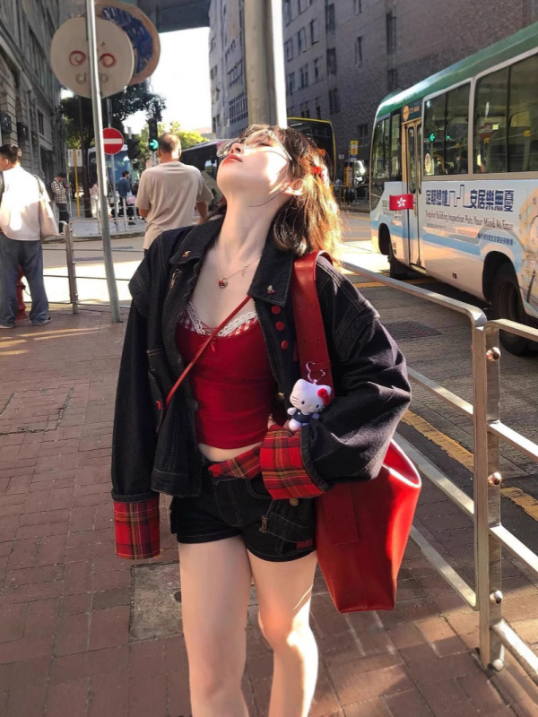 夏季猫咪刺绣设计感短裤高腰显瘦裤子甜美复古格子拼接牛仔短裤女|undefined
