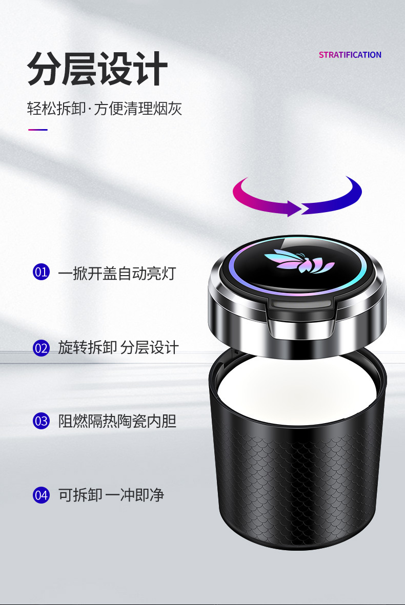 Car Ashtray with Anti-Ash Fly Feature, High Aesthetic Value, Ceramic Inner Liner, Flip-Top with Light, Small Size with Lid