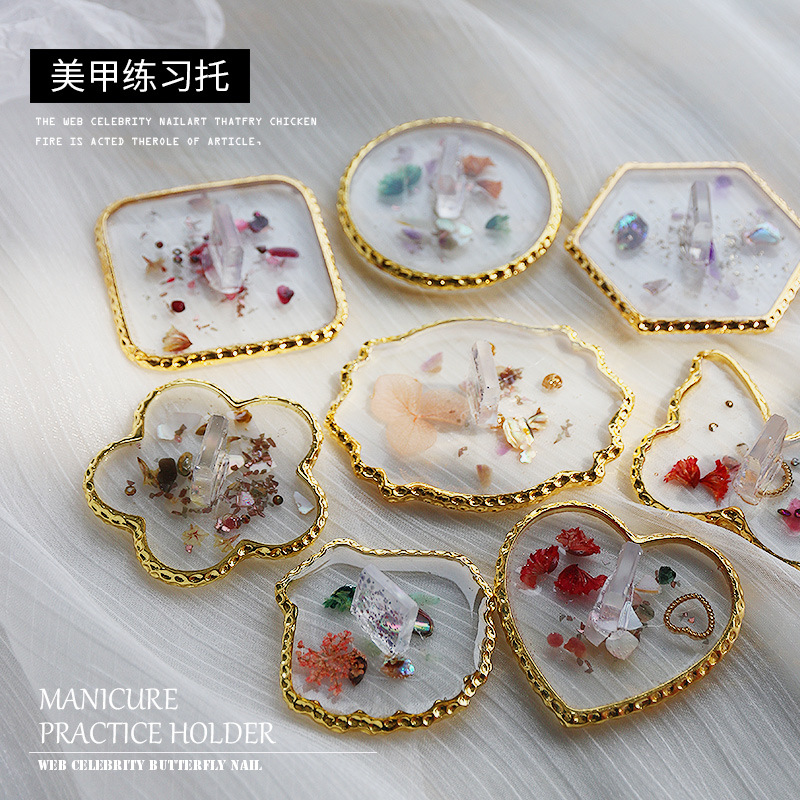 Nail ágata transparente resina borde dorado flor seca Shell lentejuelas mariposa Pentagram amor paleta placa herramienta de la joyería