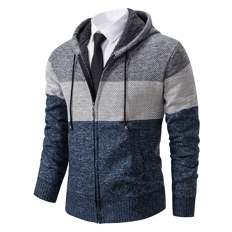 European and American Style Men's Fleece-Lined Thick Knit Sweater, Wholesale Foreign Trade Hooded Stylish Color-Blocked Jacket