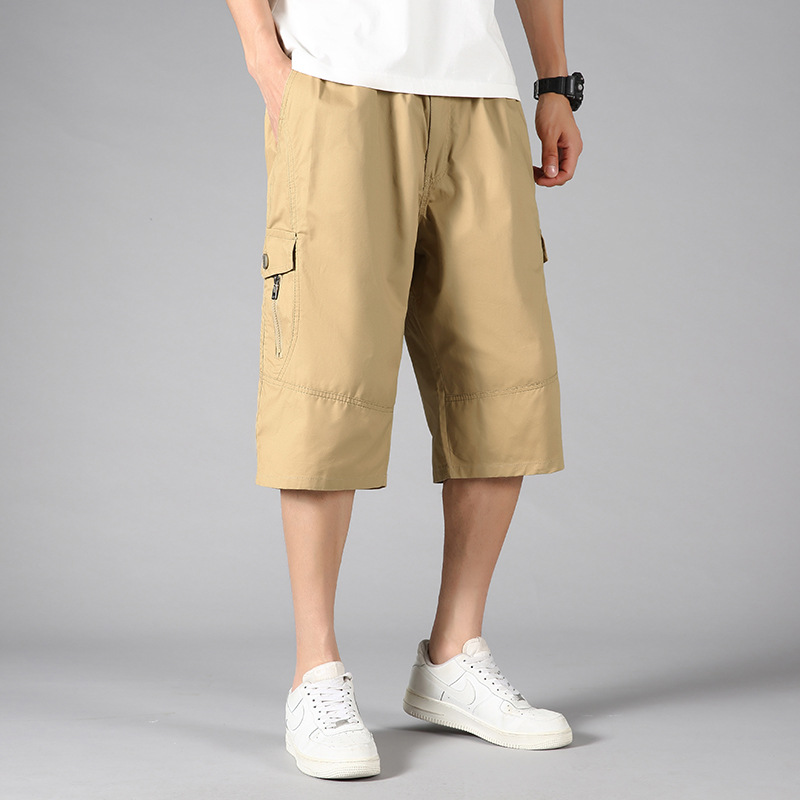 Summer Men's High Waist Loose Casual Pants Solid Color Multi-Pocket Capri Pants plus size Zipper Work Shorts for Men