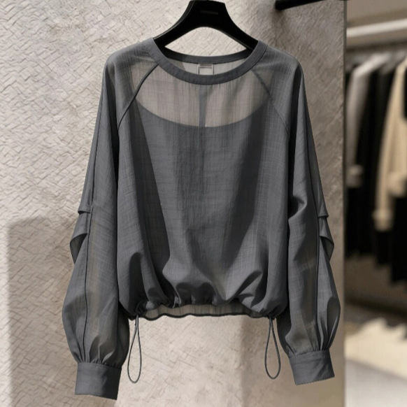 Long-sleeved, high-end, gray, niche drawstring oversized top for women, 2026 spring/autumn new collection, light luxury style, loose and elegant
