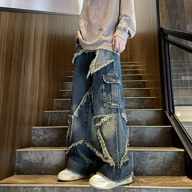 European and American Heavy Industry High Street Jeans Men's Autumn American Street Hip Hop Design Sense Loose Retro Wide Leg Overalls