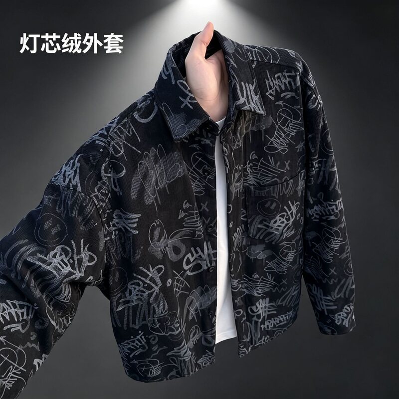 American-style graffiti print corduroy long-sleeve shirt, men's autumn trendy Korean-style casual design outerwear