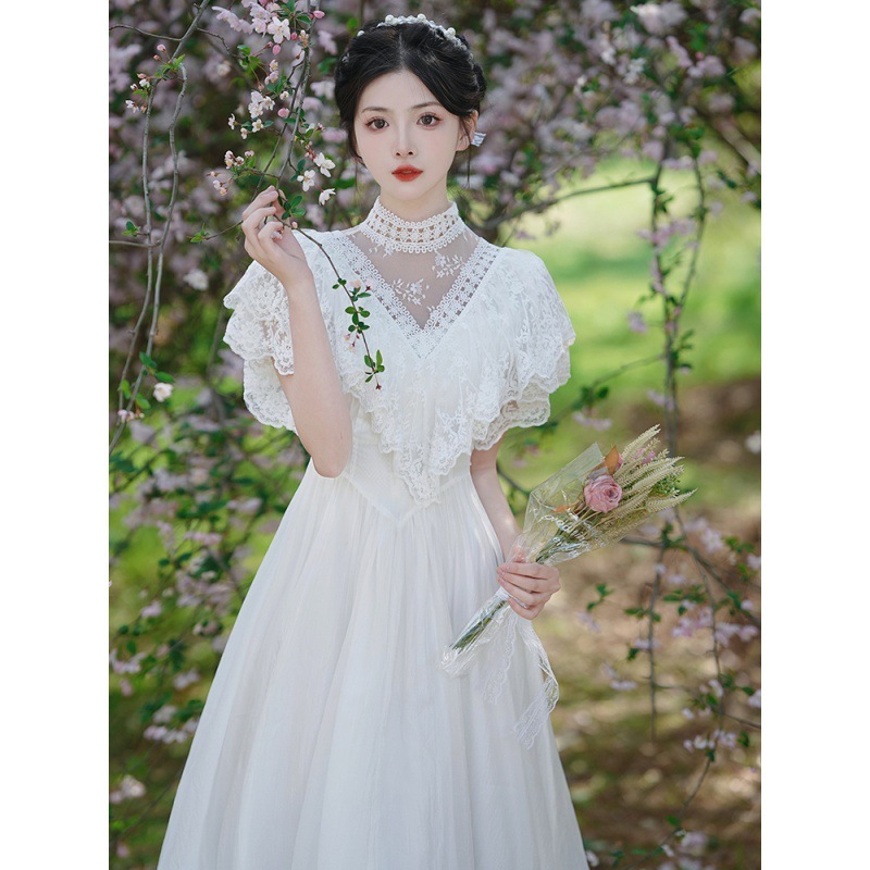 Cross-Border Heavy-Duty White Ethereal Lace Patchwork Large Hem Dress for Women, Vintage Bridesmaid Gown, Long Dress Cross-Border Heavy-Duty White Ethereal Lace Patchwork Large Hem Dress for Women, Vintage Bridesmaid Gown, Long Dress