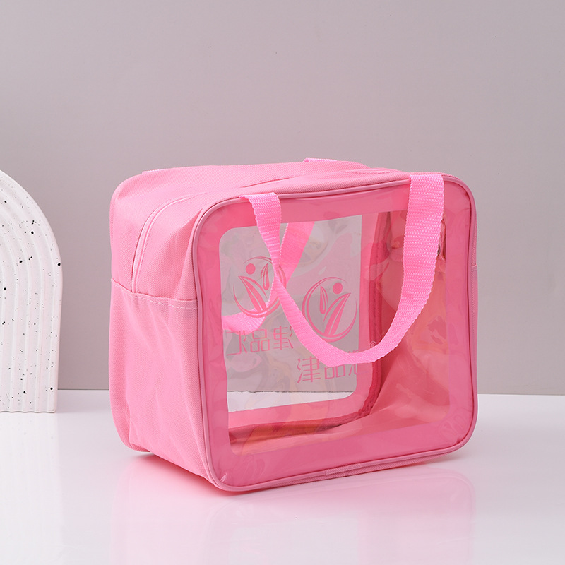 透明pvc拼接牛津布手提袋可视手提置物袋物品化妆品防水收纳袋