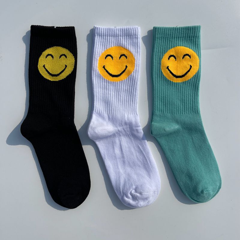 Smiley Socks Men's and Women's Trendy Brand European and American Street ins Cartoon Sports Hip Hop Skateboard Middle Tube College Style Cotton Socks