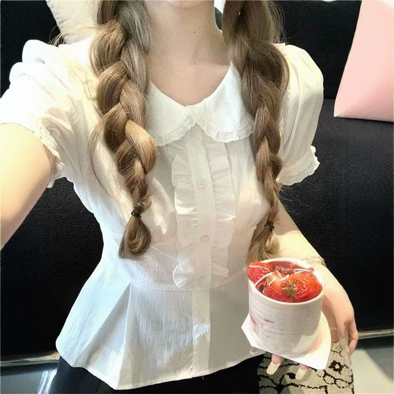 Extra Large Size 150kg Sweet Korean-Style Pink Lace Doll Shirt Summer Versatile Slimming Tie-Up Blouse for Women Extra Large Size 150kg Sweet Korean-Style Pink Lace Doll Shirt Summer Versatile Slimming Tie-Up Blouse for Women