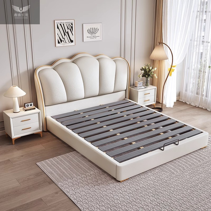 Cama de cuero de estilo francés de lujo escandinavo, cama principal moderna, cama doble simple, cama de pétalos de pequeña casa