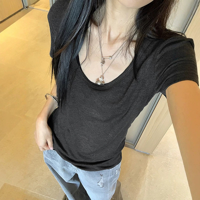 White Versatile U-Neck Short-Sleeve T-Shirt for Women, New Summer Style, Slim Fit, Regular Shoulder Base Shirt, Black Top White Versatile U-Neck Short-Sleeve T-Shirt for Women, New Summer Style, Slim Fit, Regular Shoulder Base Shirt, Black Top