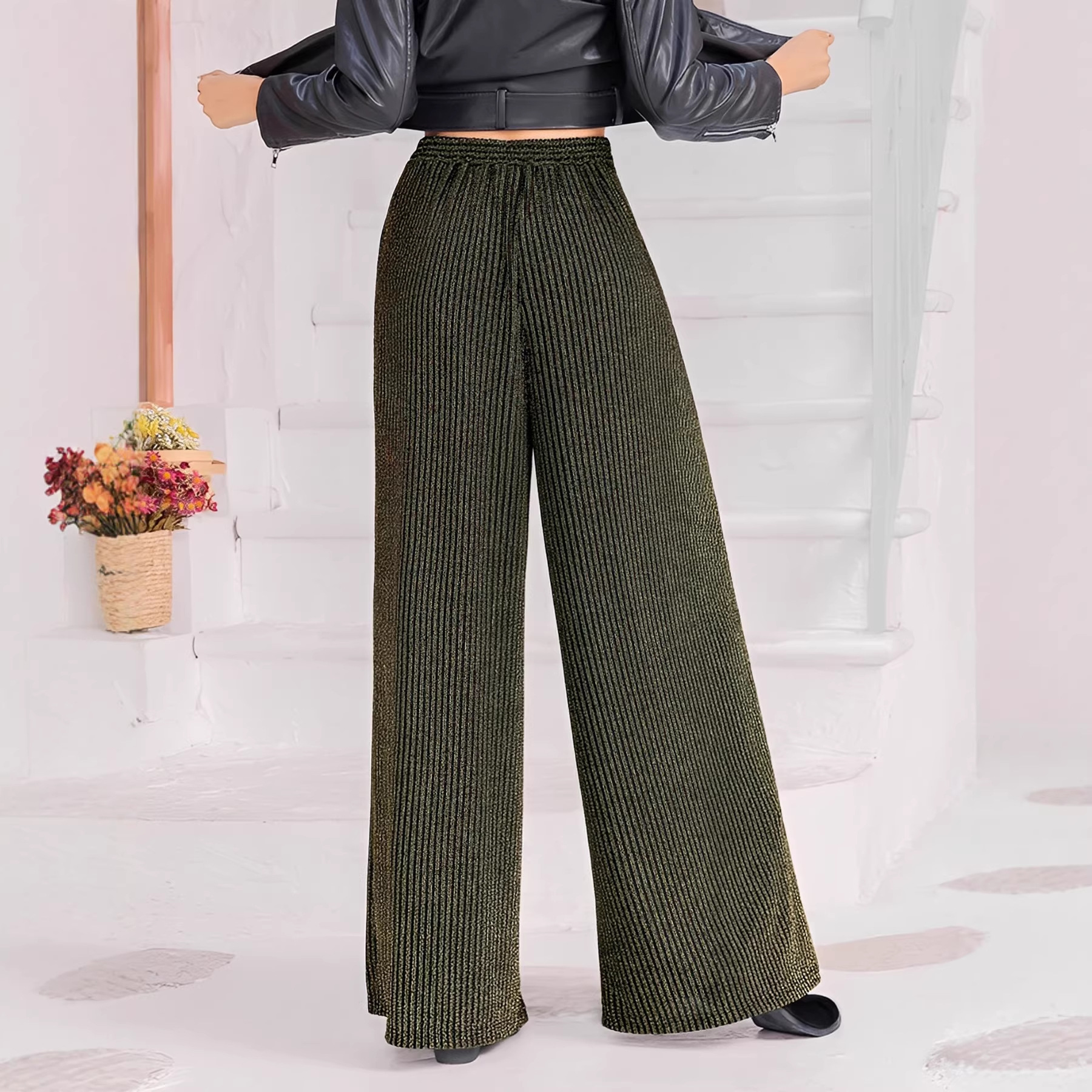 Women's Casual Trousers In Military Green, Relaxed Fit Pull-On Pants With Stylish Asymmetrical Detail_ecoleips.com