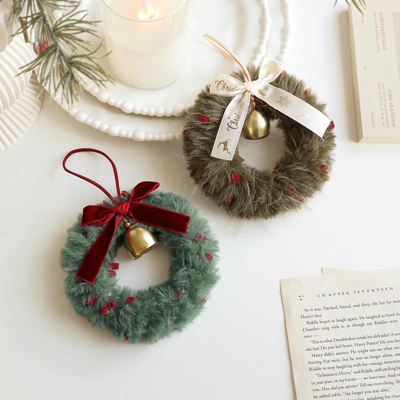 Nuevo peluche Navidad atmósfera colgante de guirlandas arco de cinta campana decoración navideña colgar ventanas accesorios