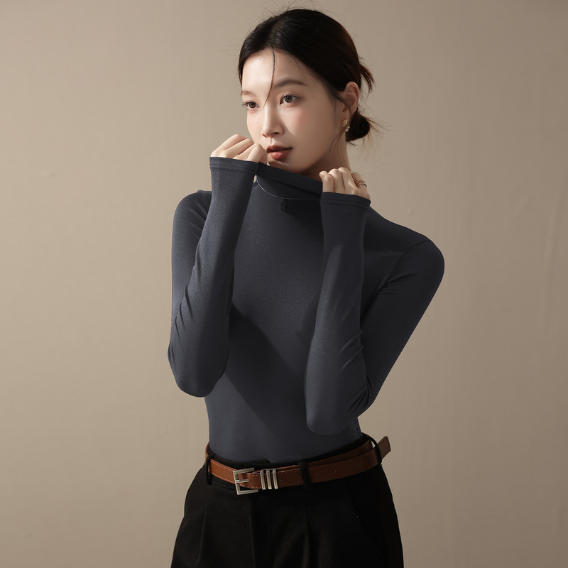 半高领打底衫女2025新款春秋季内搭咖色长袖t恤早秋修身针织上衣|undefined