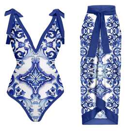 2024新款欧美定版法式复古印花连体泳衣温泉度假沙滩裙比基尼套装