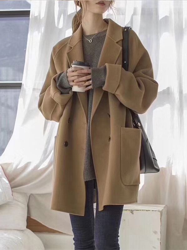 小柄な女性向け両面カシミヤコート、ミドル丈、2025年冬新作、上品で高級感のあるゆったりとしたウールコート