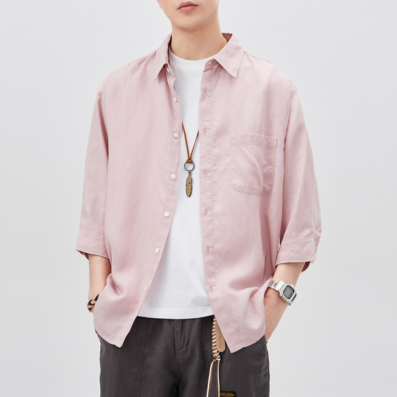 Ice-Sense Tencel Linen Short-Sleeved Shirt for Men in Summer, Thin, Loose, Smooth and Easy to Care For, Simple Three-Quarter Sleeve Shirt