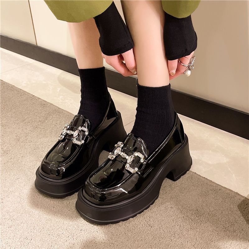 Women's Thick-Soled Loafers 2023 Spring New Versatile French Retro High-Heeled Rhinestone Black British Style Leather Shoes Women's Thick-Soled Loafers 2023 Spring New Versatile French Retro High-Heeled Rhinestone Black British Style Leather Shoes
