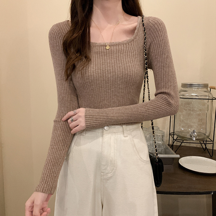 方领修身长袖打底衫2025秋季新款韩版低领内搭毛衣女针织学生上衣