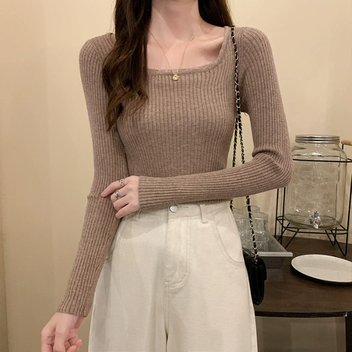 Женский трикотажный свитер с квадратным вырезом, облегающий, с длинным рукавом, осенняя новинка 2025, в корейском стиле, с низким вырезом, для студенток