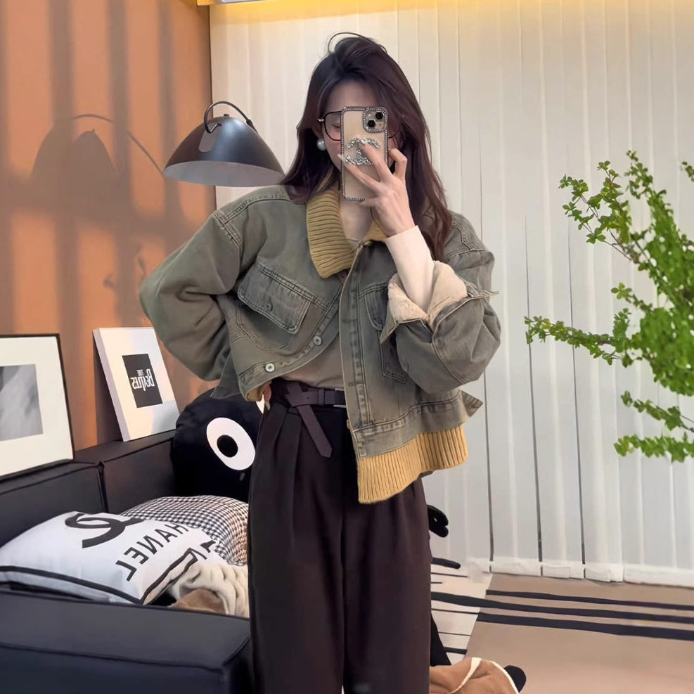 미국 레트로 게으른 스타일 명암 옷깃 데님 코트 여성 가을 겨울 기모 새로운 캐주얼 기모 직접 판매