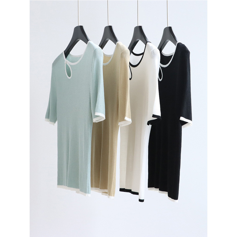 NaTional STyle CuT OuT Lyocell KniTwear ShorT-sleeved Thin Spring and Summer Color-blocked Pullover T-shirT Women's Top ReTro New ProducT