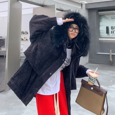 2021冬季新款貉子毛領韓版寬松加厚派克服休閑外套 6566