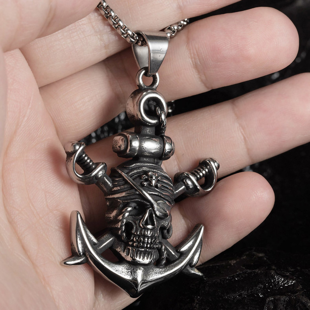 European and American New Double Sword Pirate Titanium Steel Men's Necklace Halloween Skull Anchor Stainless Steel Necklace Wholesale