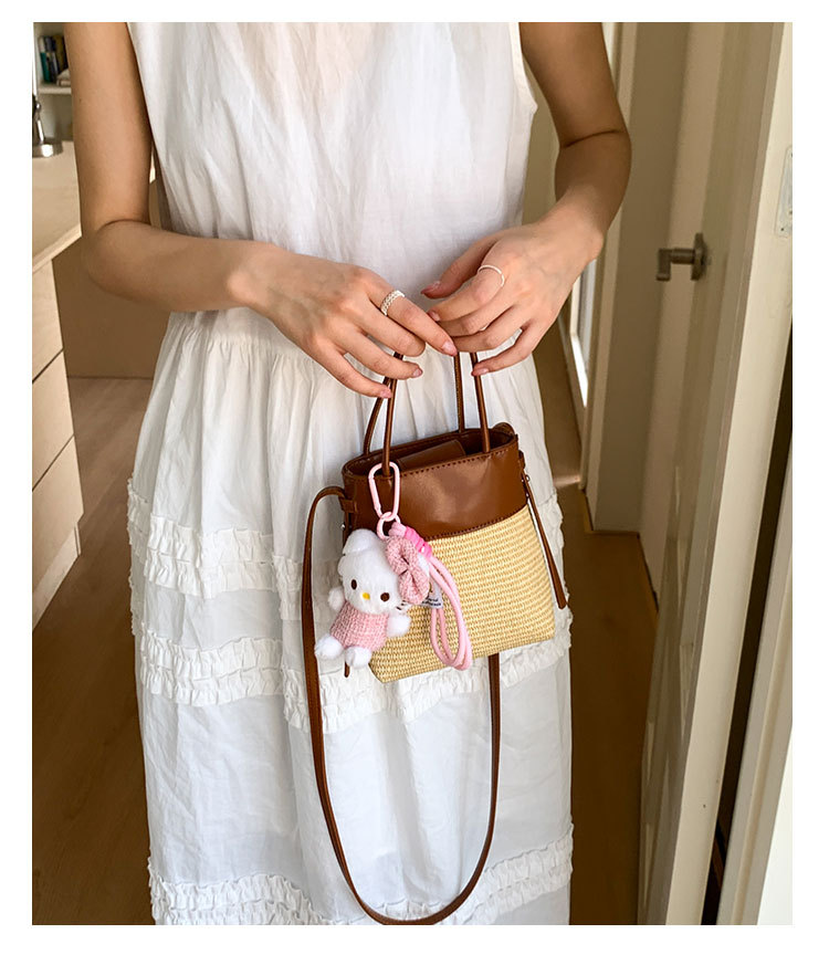 Korean style simple and fashionable woven mobile phone bag for women 2025 summer new seaside vacation crossbody straw woven bucket bag undefined