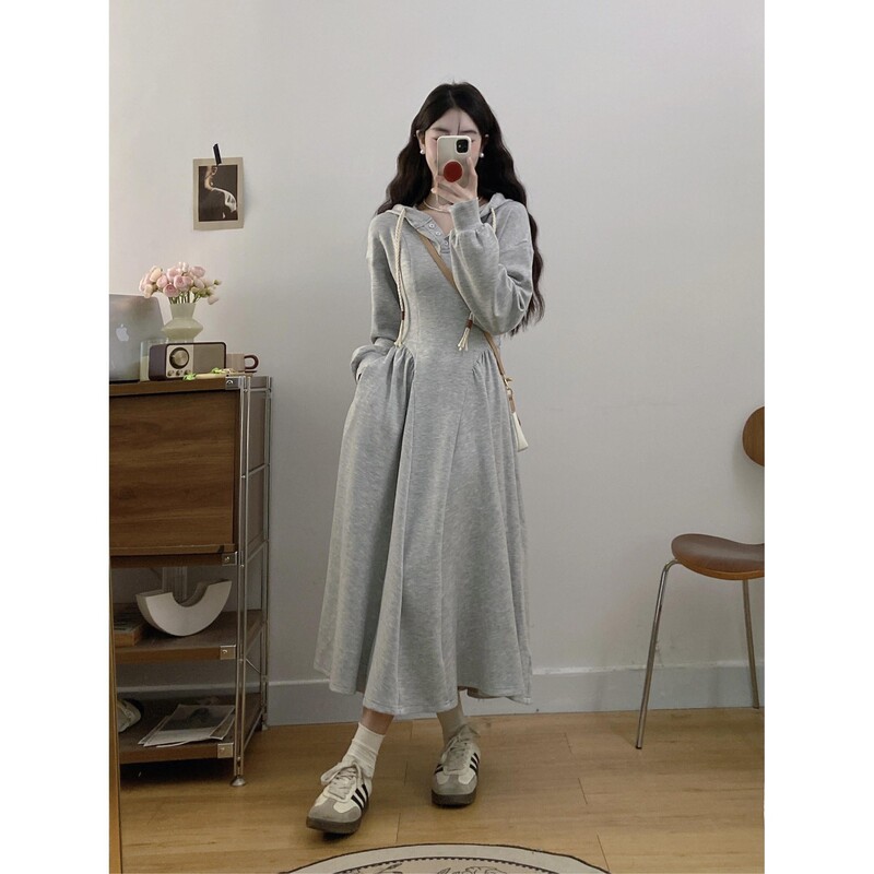 Autumn and Winter Gray Hooded Long-Sleeved Dress 2025 New Early Autumn Casual Korean Style Waist Sweatshirt Long Skirt Autumn and Winter Gray Hooded Long-Sleeved Dress 2025 New Early Autumn Casual Korean Style Waist Sweatshirt Long Skirt