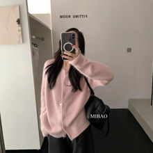 含25%兔毛秋冬韩系十三行女装单排扣简约圆领纯色针织开衫毛衣女